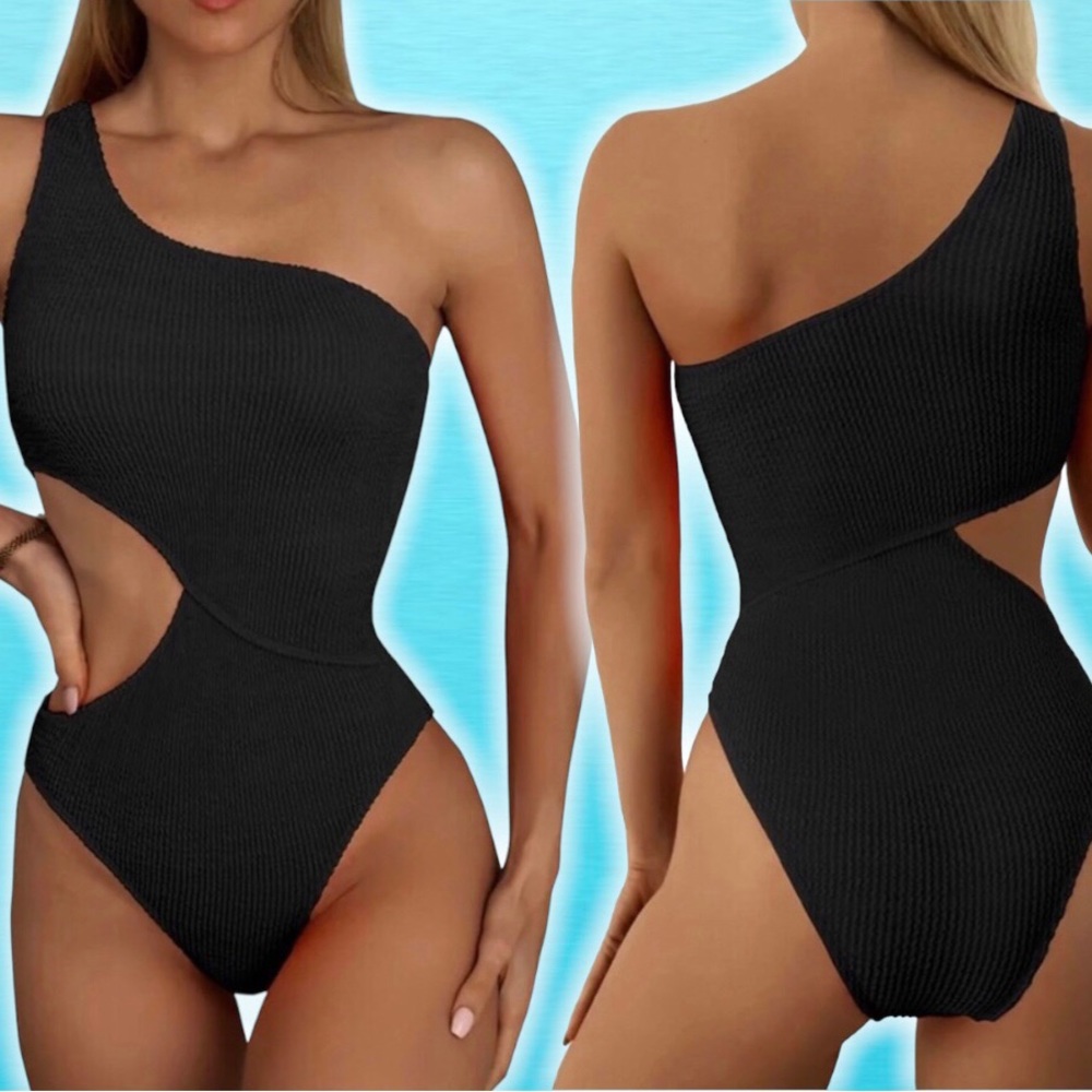 Black Cutout One Piece Swimsuit One Shoulder  Waffle-Knit Monokini SIZE S/M